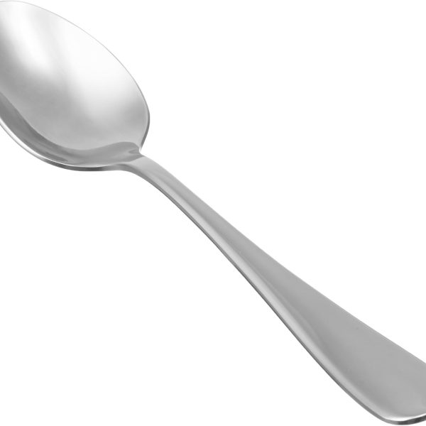 Basic stainless steel spoon with rounded rim.