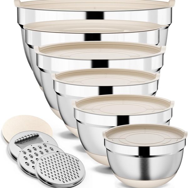 9 Pack Mixing Bowls with Airtight Lids & Grater Attachments, Khaki